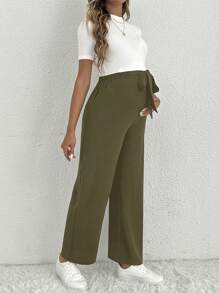 SHEIN Maternity Casual Woven Fabric Long Pants With Knot Detail In Army Green For Everyday Comfort