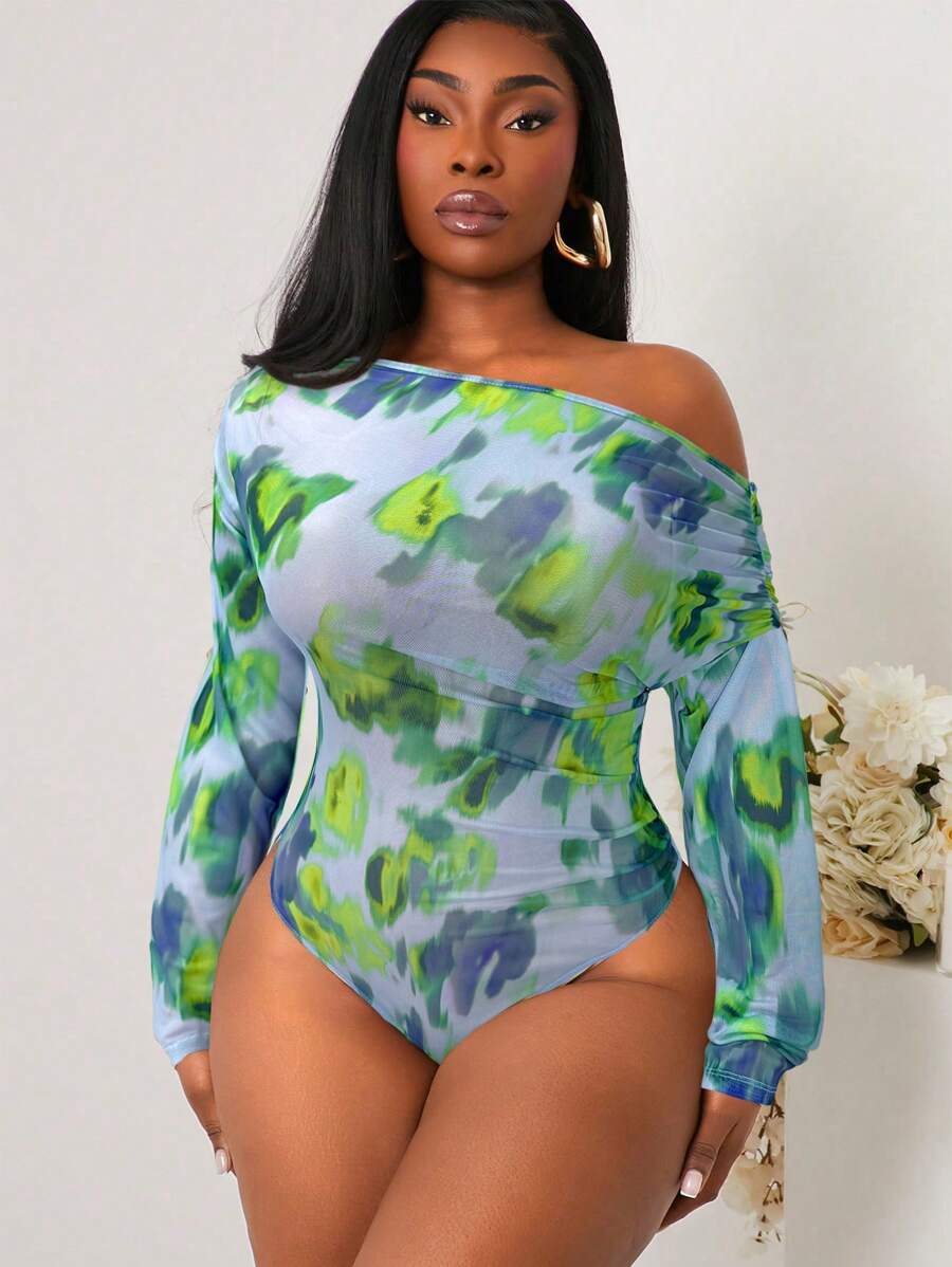 SHEIN SXY 大码女式休闲简约斜肩紧身衣，适合夏季 - 綠色 - 查看 1
