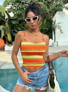 ORANGE STUDIO Tank Top Tanpa Lengan Bergaris untuk Wanita, Motif Blok Warna Sederhana, Pas Badan, Cocok untuk Musim Panas - MultiWarna - View 3