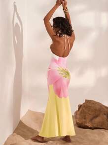 Opulessa 度假花卉印花露背长裙，性感挂脖女式沙滩罩衫