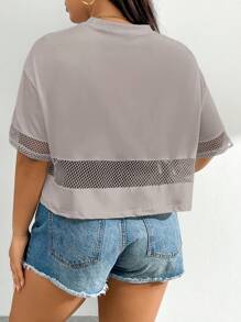 SHEIN Essnce Plus-Size Summer Mesh Splicing Hollow Breathable Casual Round Neck T Crop Top Black Athleisure Smock Top Black T-Shirt Jersey Shirt Black Top Women Tops Football Jersey,Crop Top - Dark Grey - View 2