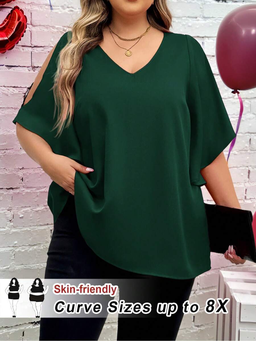 SHEIN CURVE+ Women Plus Size Loose Fuchsia V-Neck Ruffle Sleeve Blouse, Valentine's Daybeach Outfits For Woman/Beach Dress/Beach Vacation Outfits/Beach Essentials / Graduation/Tea Party Dress - Dark Green - View 1