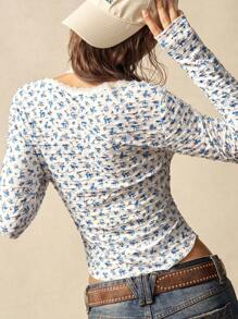 Bohemela Gestrickte Grafik bedruckte tief ausgeschnittene langärmelige anliegende Damen Bluse