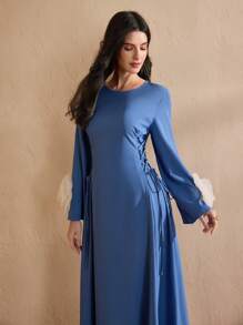 Graceveil Vestido elegante estilo árabe para mujer con estampado floral, parches y flecos en las mangas largas, vestidos árabes Jalabiya de línea A elegantes para fiestas de noche, modestos