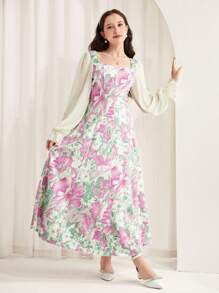 SHEIN Leap Crew Teen Girl Pink Woven Flower Printed Puff Sleeves, Spring And Summer, Elegant Vacation, Festival,Floral Patchwork Ruffle Sleeve Sweetheart Neckline Dress - Pink - View 5