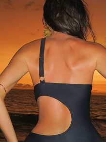 Swim SXY 1 Stück Damen sexy lässiger Resort Retro einfarbiger Badeanzug mit Spaghettiträgern, Hohlrücken Metalldekor für Sommer Strand Urlaub, Halloween - Schwarz - Übersicht 4