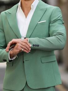 Manfinity Mode 男士纯色做旧翻领长袖夹克和裤子，休闲商务西装套装 - 綠色 - 查看 8