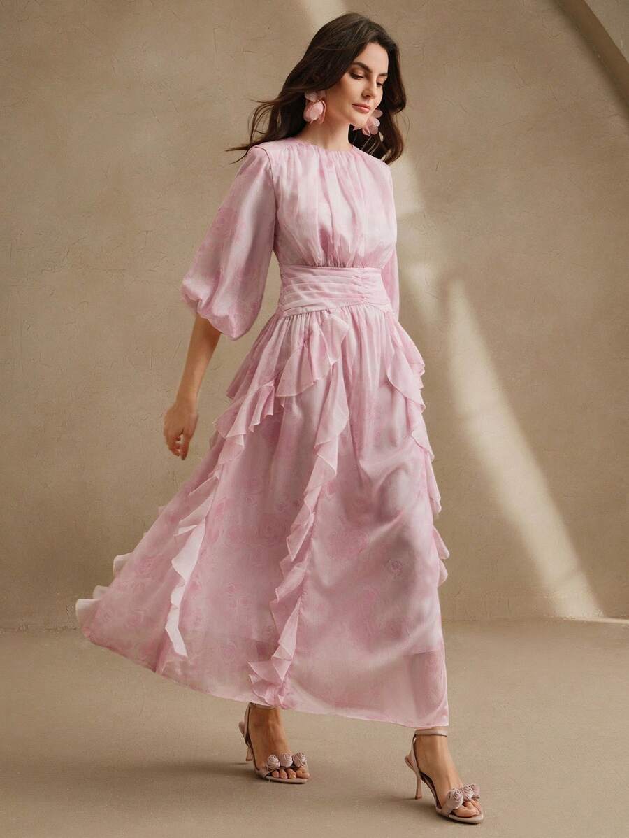 Anewsta 优雅荷叶边抽绳腰部 A 字形花卉印花灯笼袖闪亮雪纺长裙,适合女士春季、复活节、夏季、节日、优雅、假日、度假、休闲 - 粉色 - 查看 1