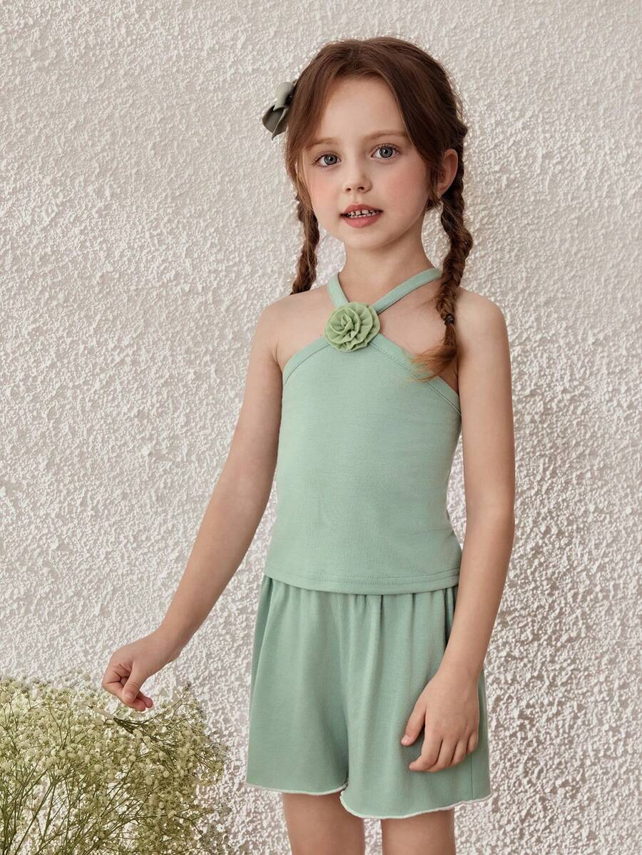 Blossori Young Girls Pastoral Resort 3D Flower Decor Vest & Flower Print Shorts - Green - View 1