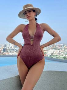 DAZY Metallic Red Wine Rhinestone Button One Piece Swimsuit Swimwear,Beach Women Outfits Vacation - Burgundy - View 1
