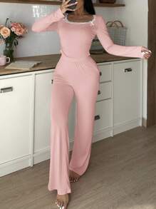 SHEIN Bộ đồ ngủ 2 món cổ vuông thắt nơ giản dị dành cho nữ, trang phục thu đông ấm áp và thanh lịch - Bụi hồng - Xem 7