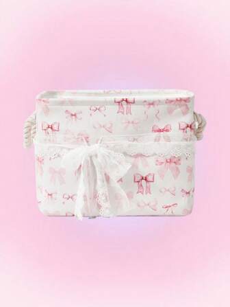 Kawaii Cesta de almacenamiento y lavandería con lazo rosa de dibujos animados reforzada
