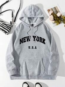 SHEIN MOOSTA Plus Size Women's Letter 'NEW YORK U.S.A ' City Name Graphic Print Thermal Drawstring Sweatshirt Graduation,Back To School,Graduation,Teacher,Back To School Pullover Fall Winter Autumn - Light Grey - View 3