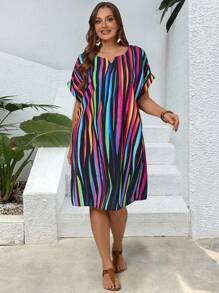 EMERY ROSE Plus Size Women Colorful Striped Short Sleeve Bat Wing Dress, Gifts For Mother,Summer Holiday,Vacation Outfits Women,Simple And Fashionable For Everyday Wear,Vacay Vibes,Springbreak,Casual Wear SS,Bohemia,Sun Dresses For Women