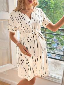 SHEIN Vestido informal de maternidad con escote entallado y manga corta para mujer embarazada - Albaricoque - Ver 4