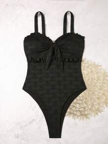 Swim Mod Áo tắm liền thân mùa hè màu trơn dành cho nữ, kiểu dáng cắt cao, có bèo nhún và nơ. - màu đen - Xem 4