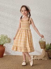 Blossori Young Girls Yellow Plaid Suspender Dress - Yellow - View 6