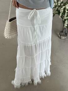 SHEIN x PRISCILA & JIMENA DAZY Fustă lungă și elegantă pentru femei, cu curea, din dantelă, albă, cu volane - alb - Vizualizare 4