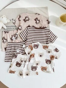 SHEIN Bộ 6 món/Bộ đồ ngủ thường ngày cho bé trai sơ sinh họa tiết gấu hoạt hình dễ thương & sọc, cổ tròn, tay ngắn và quần short, mùa hè - màu nâu - Xem 2