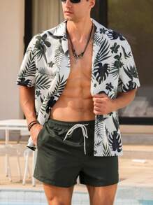Manfinity Swimmode Men's Tropical Print Shirt & Shorts Beach 2-Piece Set, Hawaiian - Olive Green - View 3