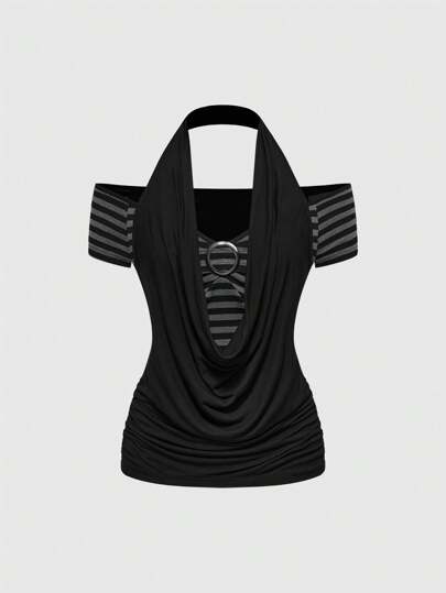 J-Fashion Camiseta de mujer con cuello asimétrico, hombros descubiertos, patchwork y rayas de contraste de estilo retro Y2K