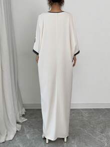 SHEIN Tall Women's V-Neck Pattern Batwing Sleeve Slit Thigh Length Dress - Apricot - View 2