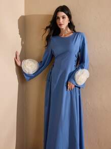 Graceveil Vestido elegante estilo árabe para mujer con estampado floral, parches y flecos en las mangas largas, vestidos árabes Jalabiya de línea A elegantes para fiestas de noche, modestos