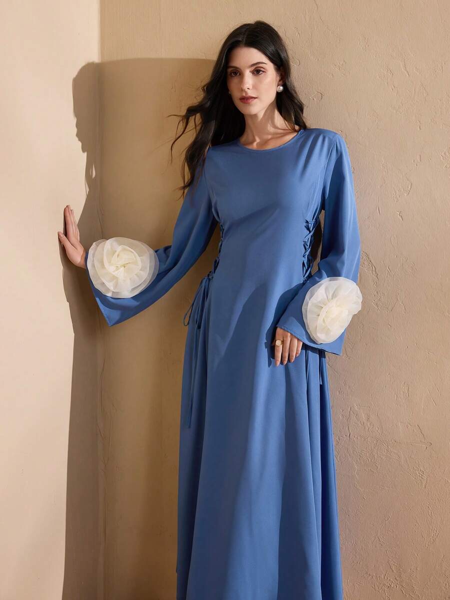 Graceveil Vestido elegante estilo árabe para mujer con estampado floral, parches y flecos en las mangas largas, vestidos árabes Jalabiya de línea A elegantes para fiestas de noche, modestos