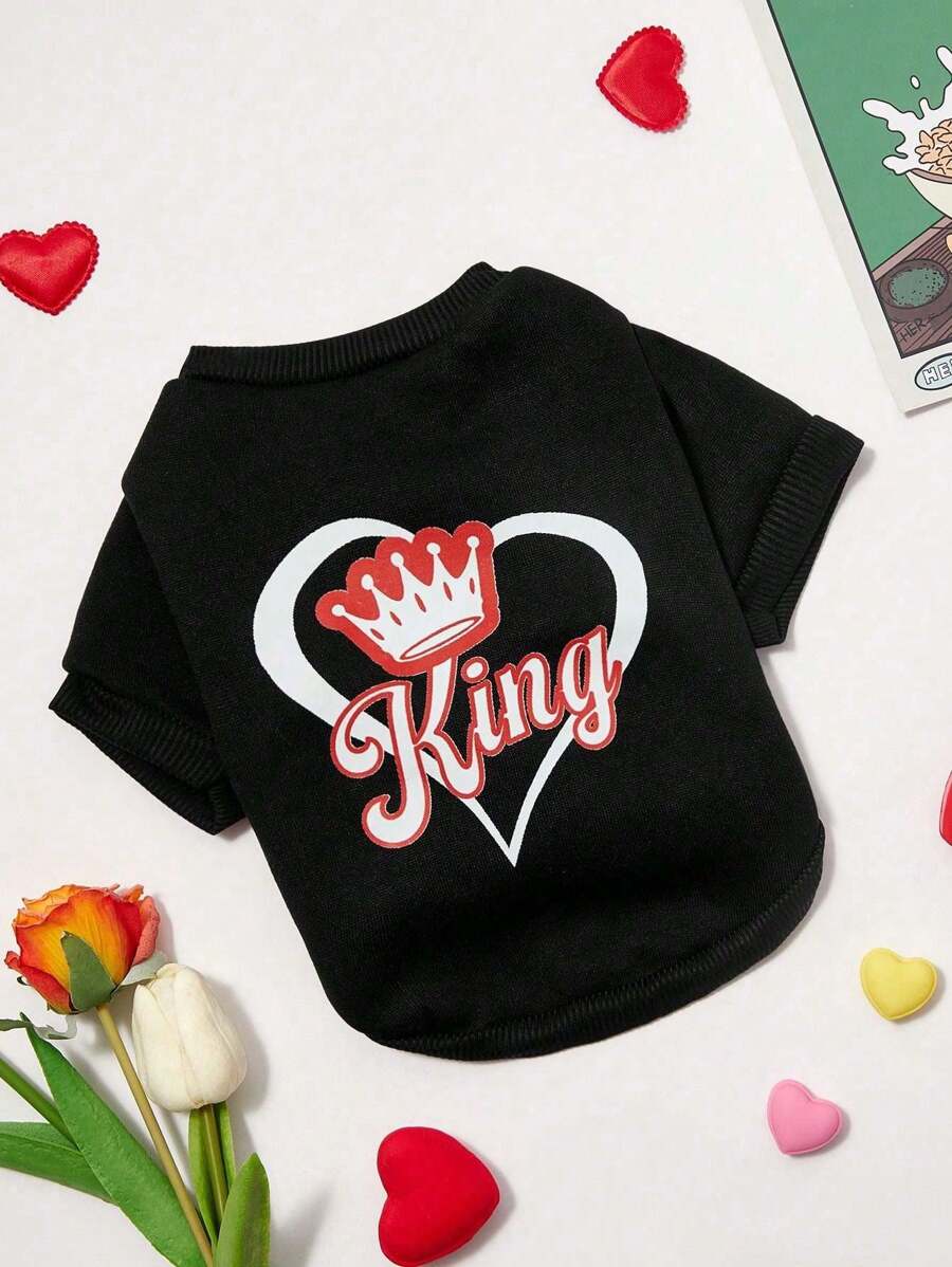 PETSIN Fashionable Casual Black Heart Crown "King" Letter And Cute Pet Dog Print Lightweight Pullover Sweatshirt, Unisex Design For Cat And Dog Owners, Spring/Summer - Multicolor - View 1