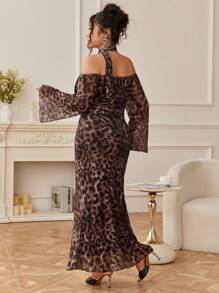 Modelyn Women's Leopard Print Ruffle Trim Mesh Overlay Dress - Coffee Brown - View 2