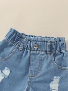 2 Pieces Set:Girls Casual Cherry Print White T-Shirt & Light Blue Washed Ruffle Waist Distressed Denim Shorts,Summer Birthday Holiday Everyday Wear - White - View 7