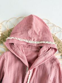 Loomiva Baby Girl Decorative Ruffle Hooded Long Sleeve Tied Bathrobe, Casual Versatile - Baby Pink - View 3