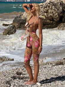 SHEIN ICON Women's Semi-Sheer Mesh Two-Piece Outfit: Halter Ruffle Top And Capri Pants Set With Floral And Animal Print - Multicolor - View 1