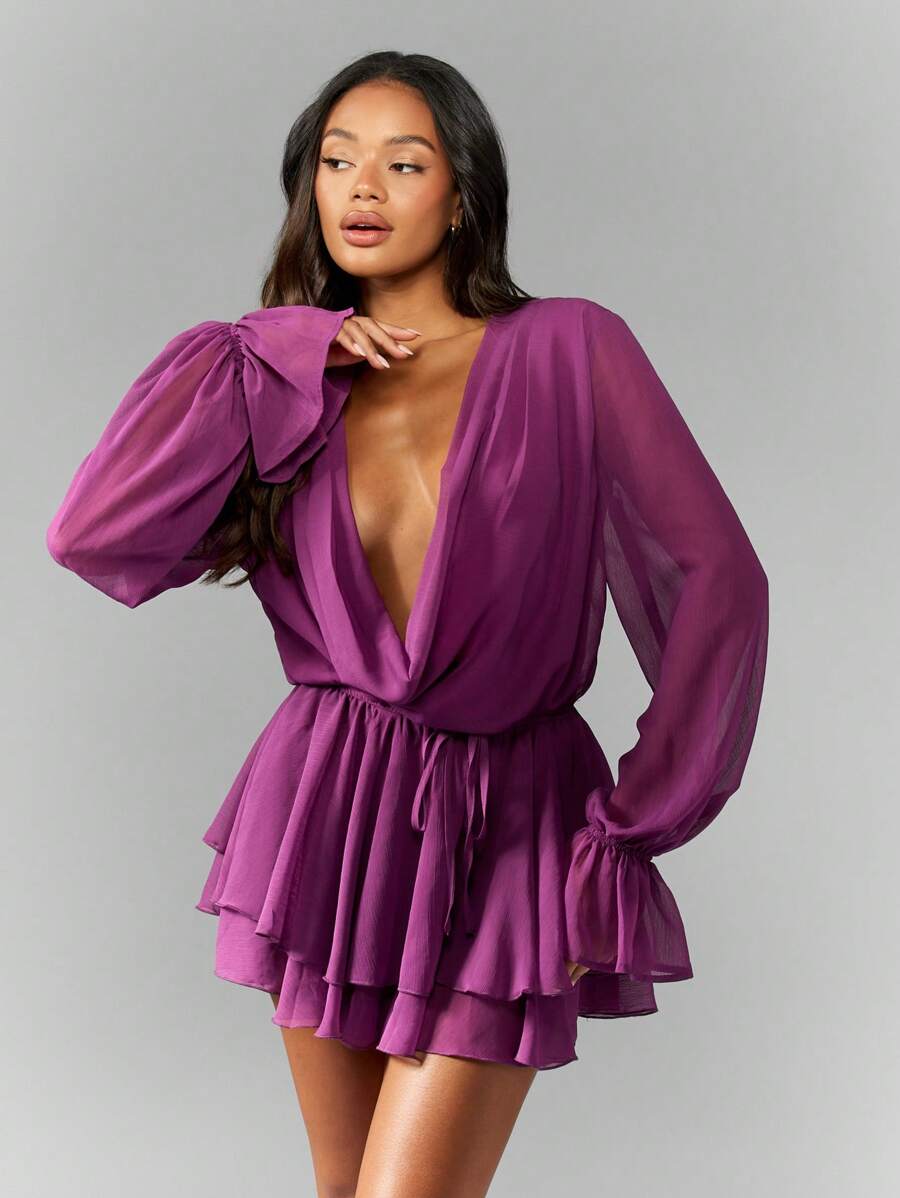 MISSGUIDED Vestido mini envolvente de chifón de manga larga con escote profundo, para fiesta, cóctel, con volantes, capas, lazo en el hombro, para ocasiones especiales