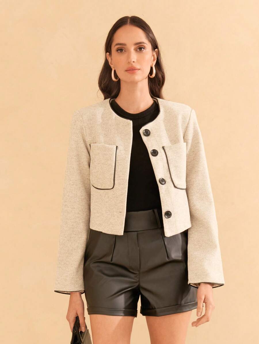 SHE(IN) BRASIL 纽扣前袋贴布大衣 - 杏色 - 查看 1