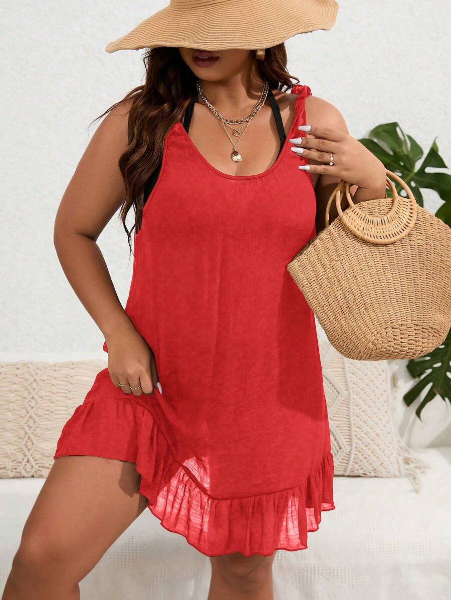 Swim Lushoire Plus Size Women Sleeveless Solid Color Fashionable Beach Cover Up For Summer Beach Vacation - Red - View 1