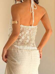 Sunnyshic Women's Solid Color Patch Halter Backless Sleeveless Top - Apricot - View 2