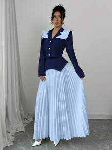 Elenzga 女士上衣和百褶裙两件套日常穿搭女士秋季服装 - 藏蓝色 - 查看 3