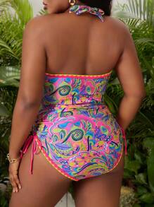 Slaydiva Đồ bơi cổ chữ V in họa tiết hoa cỡ lớn cho nữ, có dây rút ở vai và hai bên cho kỳ nghỉ ở bãi biển - Nhiều màu - Xem 2