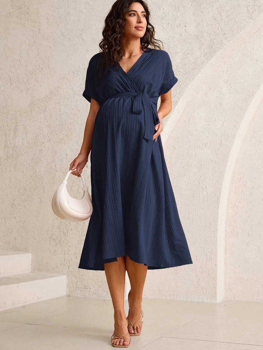 MaterniWear Solid Color Maternity V-Neck Batwing Sleeve Elegant Dress - Navy Blue - View 1