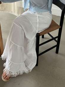 SHEIN x PRISCILA & JIMENA DAZY Fustă lungă și elegantă pentru femei, cu curea, din dantelă, albă, cu volane - alb - Vizualizare 7