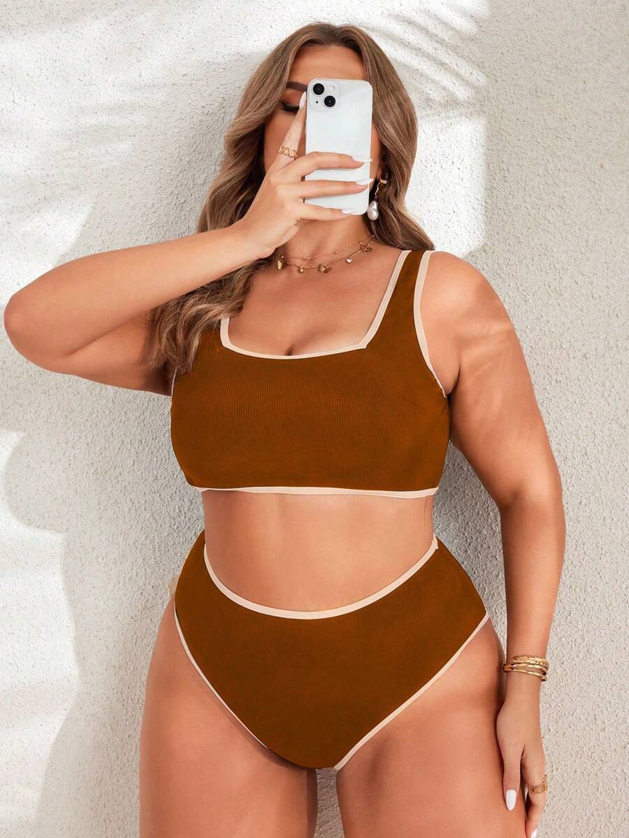 Swim SPRTY 2pcs Plus Size Women's Fashion Edged Spaghetti Strap Tankini Swimsuit For Summer Beach Vacation