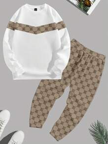 Manfinity Homme Plus Size Men Letter Print Round Neck Long Sleeve Sweatshirt And Sweatpants Set, Casual - Multicolor - View 1