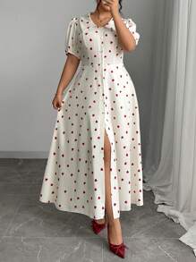 Modelyn Plus Size Heart Woven Short Sleeve Fitted Midi Dress - Apricot - View 6