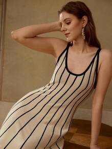 MOTF PREMIUM 优雅撞色黑白条纹弹力针织休闲中长连衣裙 - 黑與白 - 查看 1