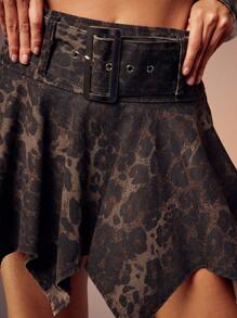 Denimoi Leopard Belted Mini Skirt With Uneven Hem