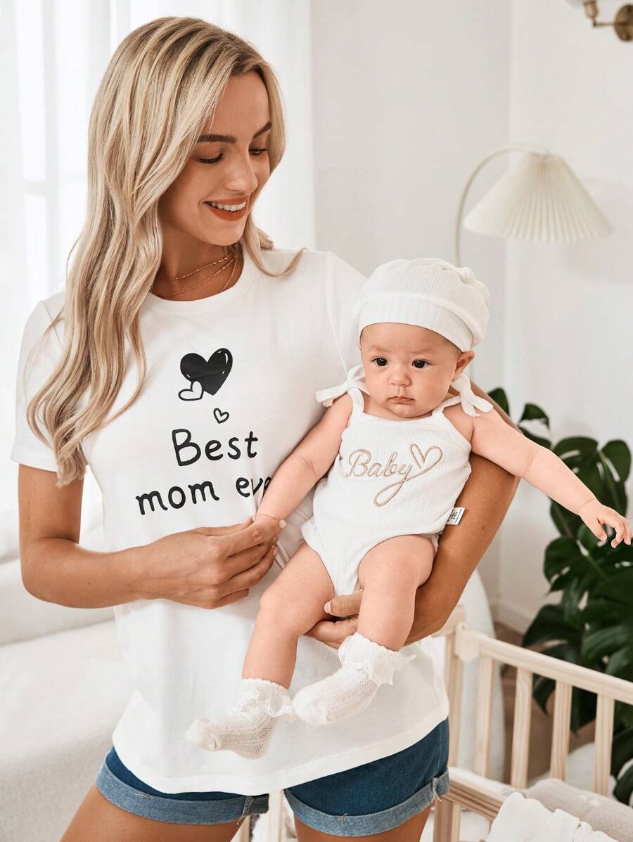 SHEIN Newborn Baby Girls Cute White Elastic Letter Print Knitted Bodysuit, Summer - White - View 1