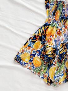 Soleia 女式度假巡航沙滩短裤，宽松版型瓷砖印花抹胸前扭纹后背镂空收腰连体裤，春夏