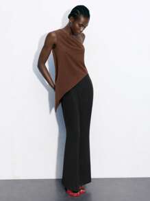 Maija Women's Casual Asymmetric Ruched Sleeveless Blouse, Brown, Suitable For Business And Leisure Wear