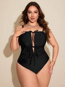 Swim Chiccia Plus Size One-Piece Swimsuit, Solid Color, Simple & Fashionable, Suitable For Summer